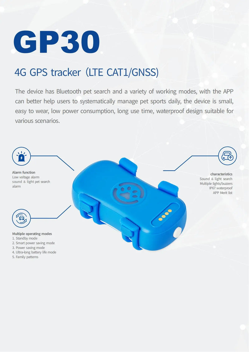 GP30 Pet Tracker Dog Cat Tracker Smart Light Sound Search Lost Finder Waterproof Tracking Device for Pets with Free Trial - Pet Wonders